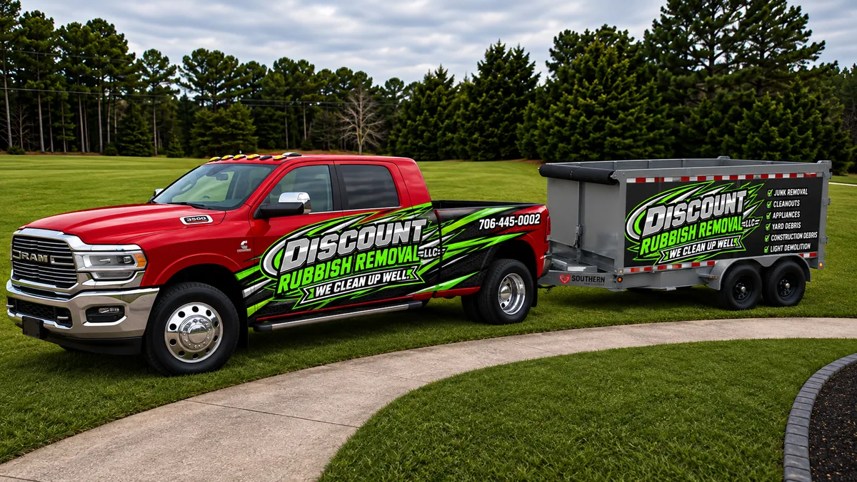 Discount Rubbish Removal truck and dump trailer providing junk removal service in the CSRA